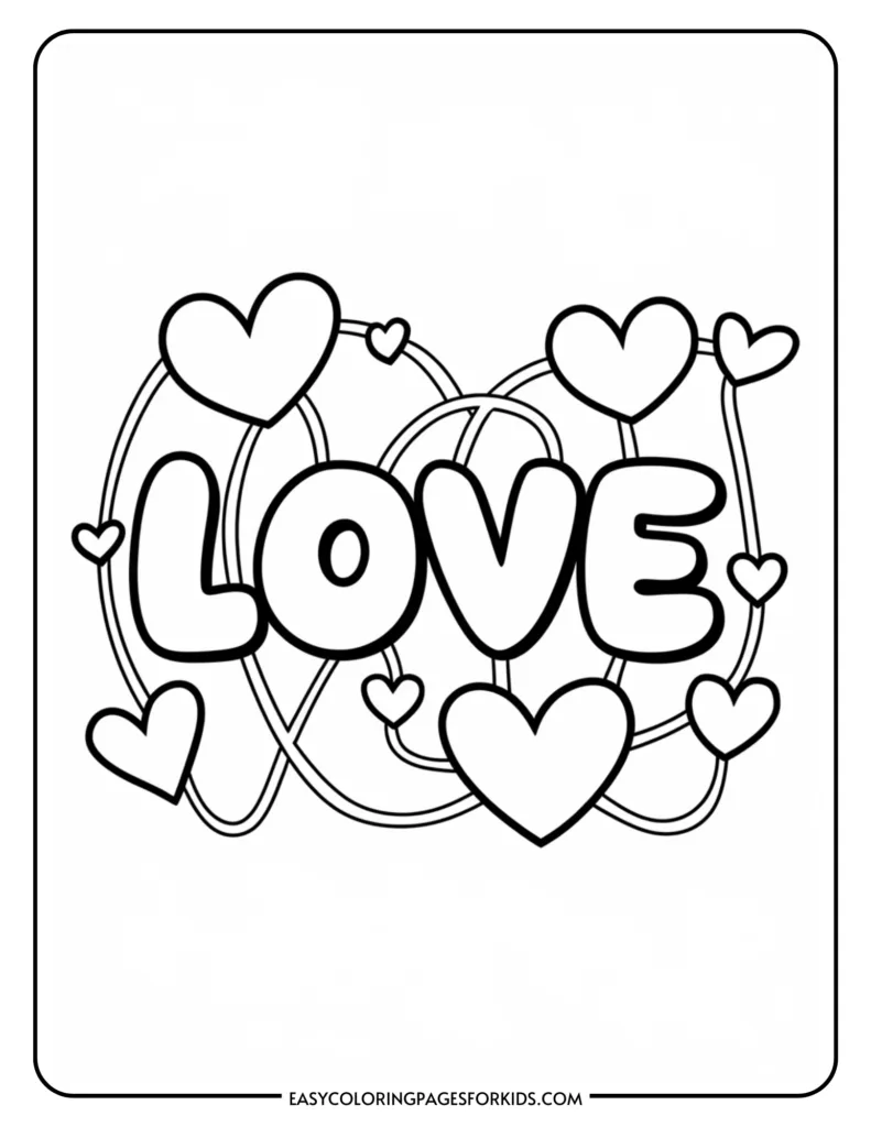 Coloring page featuring the word "LOVE" surrounded by hearts and decorative lines, perfect for kids' art activities and Valentine’s Day crafts.