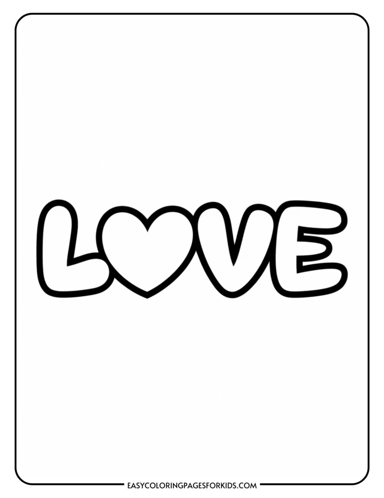 Coloring page featuring the word "LOVE" with a heart symbol, designed for kids' creativity and artistic expression.