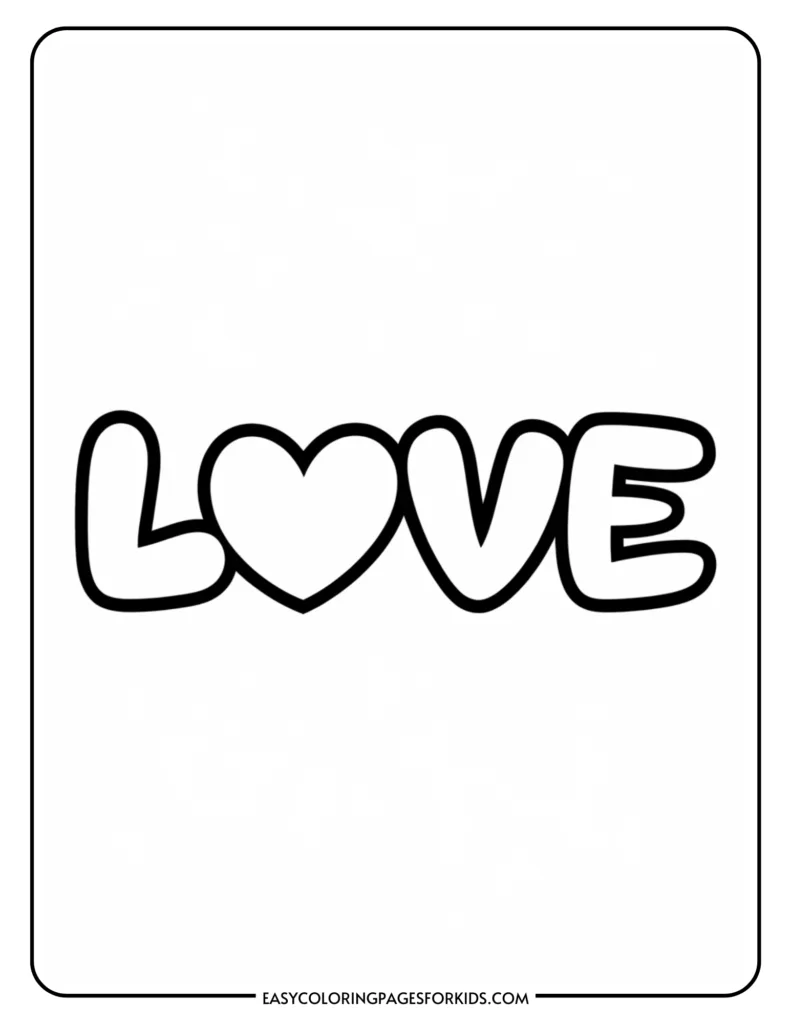 Coloring page featuring the word "LOVE" with a heart symbol, designed for kids' creativity and artistic expression.