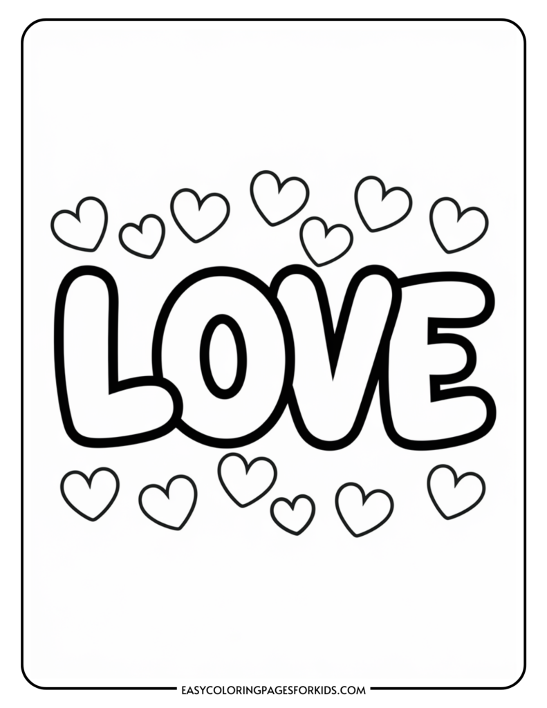 Coloring page featuring the word "LOVE" surrounded by small hearts, designed for kids to color and express creativity. Ideal for art activities and themed projects.