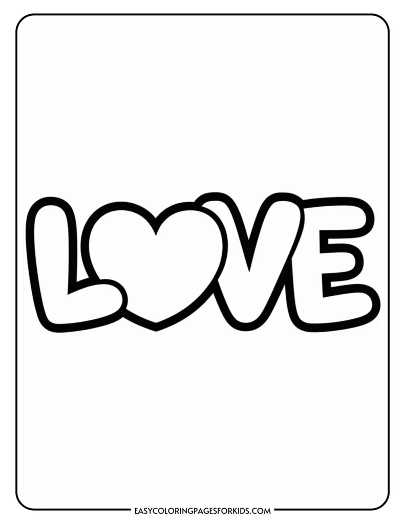 Coloring page featuring the word "LOVE" in a playful, bold font with a heart shape integrated into the letter "O." Ideal for kids' art activities and crafting projects.