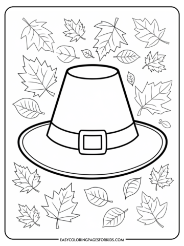 Coloring page featuring a traditional pilgrim hat surrounded by various autumn leaves, ideal for kids' Thanksgiving activities and seasonal crafts.