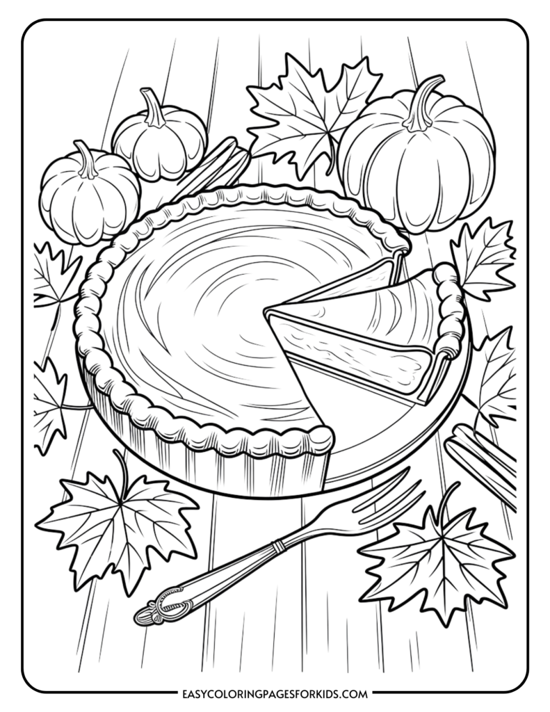 Black and white outline illustration of a pumpkin pie on a wooden table, surrounded by autumn leaves, small pumpkins, and a fork, perfect for a coloring activity for kids.