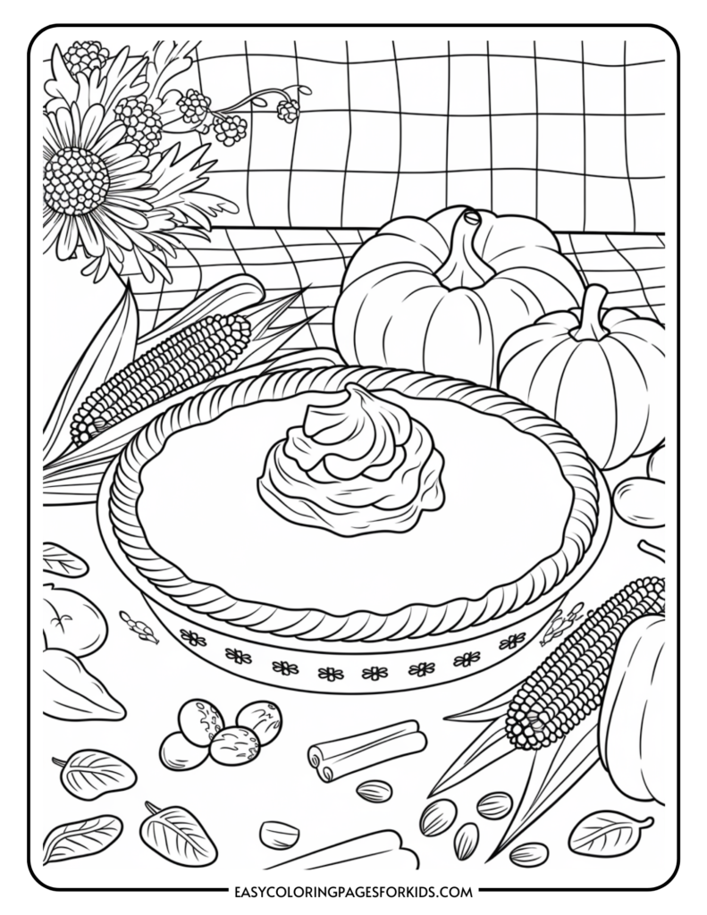 Line art illustration of a pumpkin pie topped with whipped cream, surrounded by pumpkins, corn, flowers, and nuts, set on a checkered tablecloth.