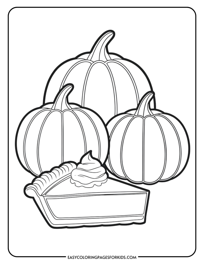 Black and white coloring page featuring three pumpkins and a slice of pumpkin pie topped with whipped cream, perfect for autumn-themed activities for kids.