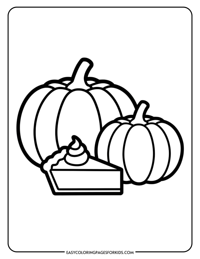 Line art illustration of two pumpkins and a slice of pumpkin pie topped with whipped cream, perfect for fall-themed coloring activities for kids.