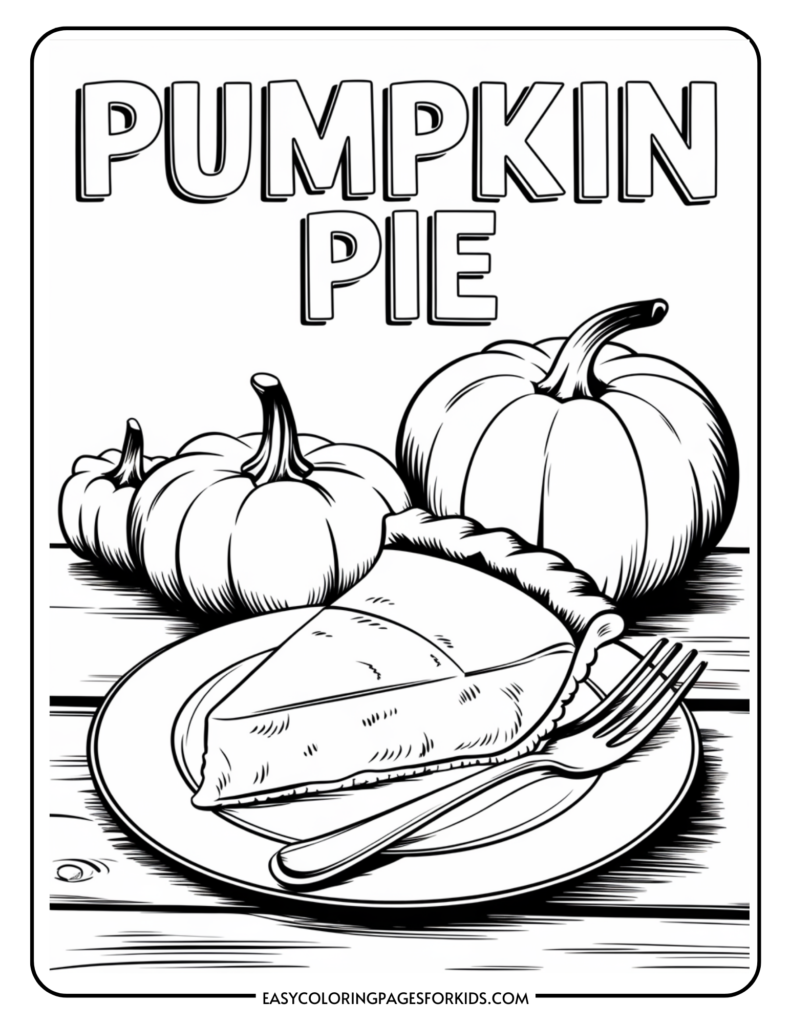 Illustration of a slice of pumpkin pie on a plate with a fork, surrounded by three decorative pumpkins, featuring the text "Pumpkin Pie" above the image.