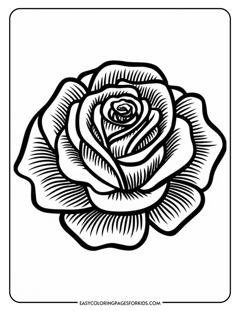 Black and white outline of a detailed rose illustration, ideal for coloring activities for kids.