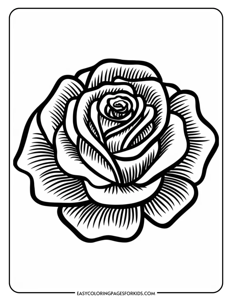 Black and white outline of a detailed rose illustration, ideal for coloring activities for kids.