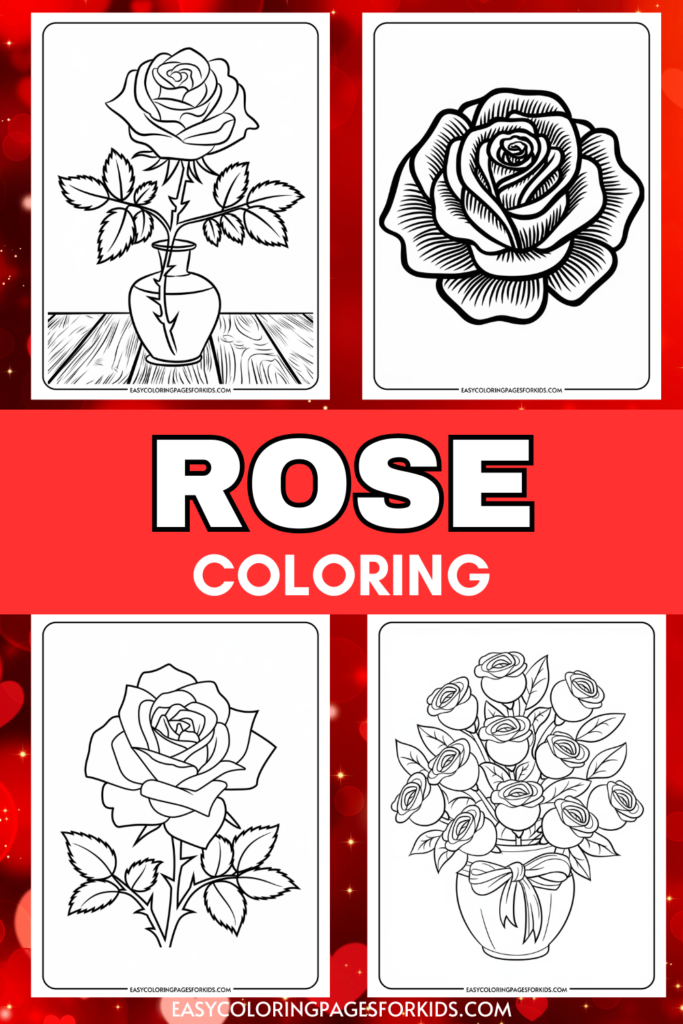 Coloring pages featuring various designs of roses, including a single rose in a vase, a close-up of a rose, and a bouquet of roses. Ideal for kids' coloring activities to enhance creativity and fine motor skills.