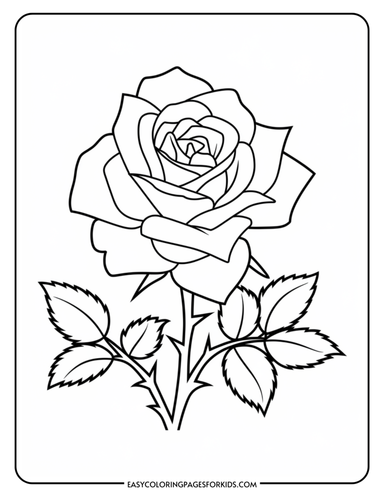 Black and white outline drawing of a rose with detailed petals and leaves, suitable for kids' coloring activities.