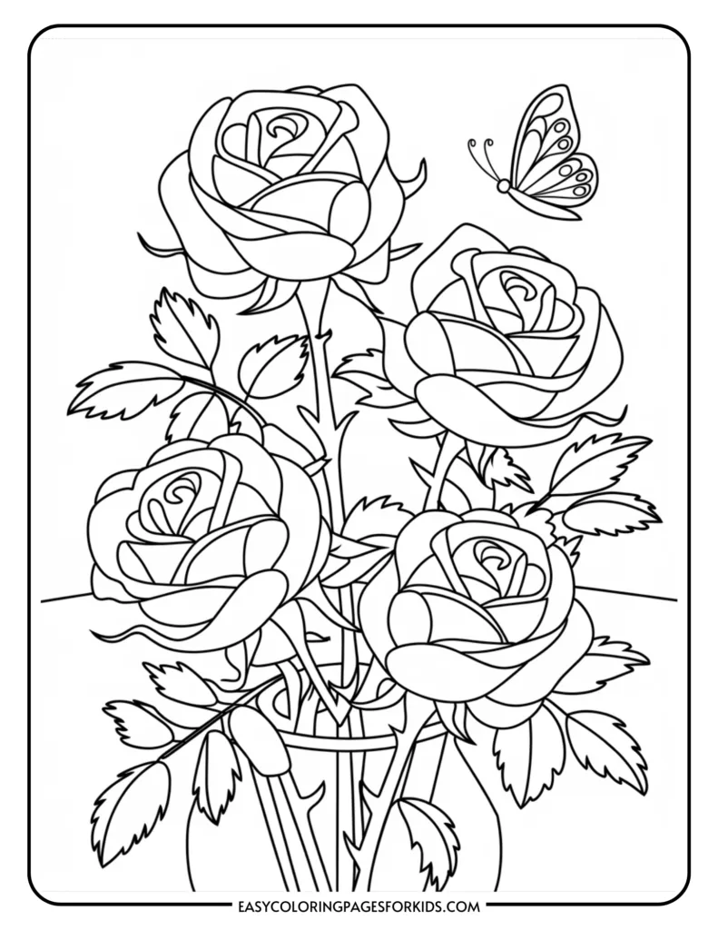 Line art coloring page featuring a bouquet of five roses with detailed petals and leaves, accompanied by a butterfly, perfect for kids' coloring activities.