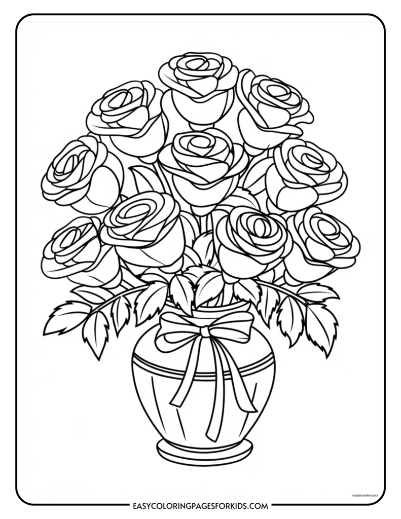 Black and white coloring page featuring a bouquet of roses in a decorative vase with a ribbon, ideal for kids' art activities and creativity.