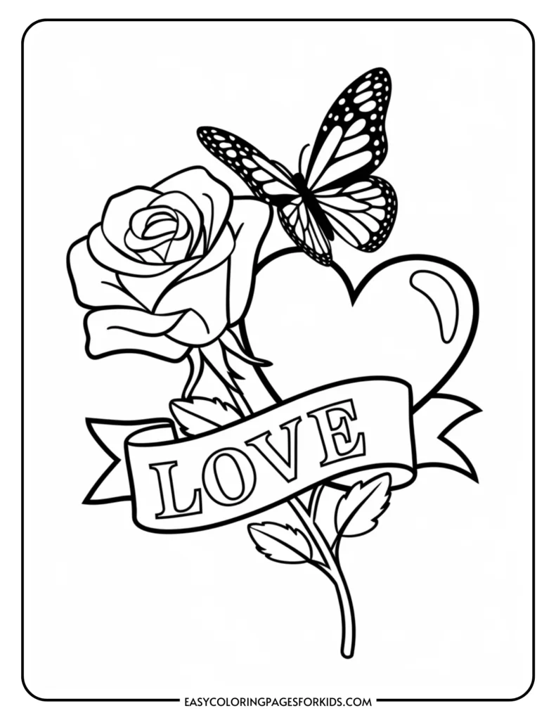 Black and white coloring page featuring a rose, a butterfly, and a heart with a ribbon that reads "LOVE," ideal for kids' art activities.