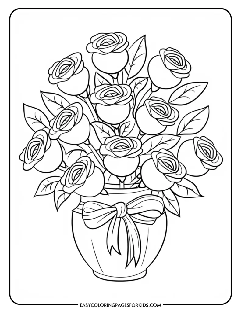 Black and white coloring page featuring a bouquet of roses in a vase, designed for kids' art and creativity. Ideal for print or digital coloring activities.