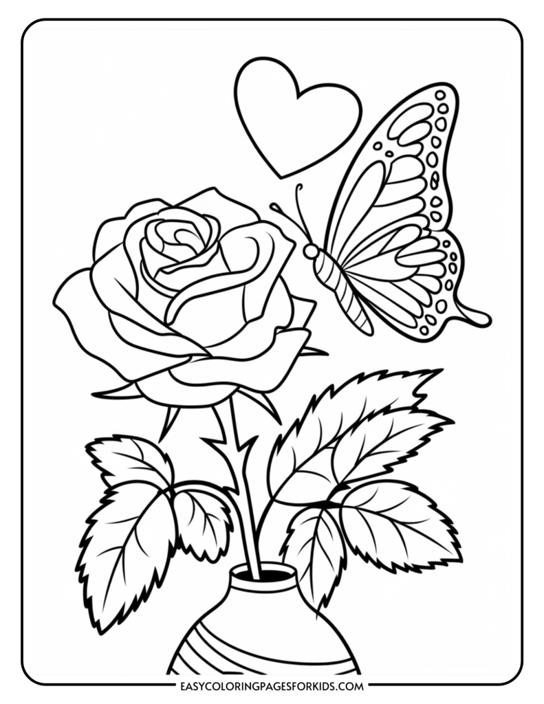 Black and white coloring page featuring a detailed rose in a vase, accompanied by a butterfly and a heart, ideal for kids' art activities.