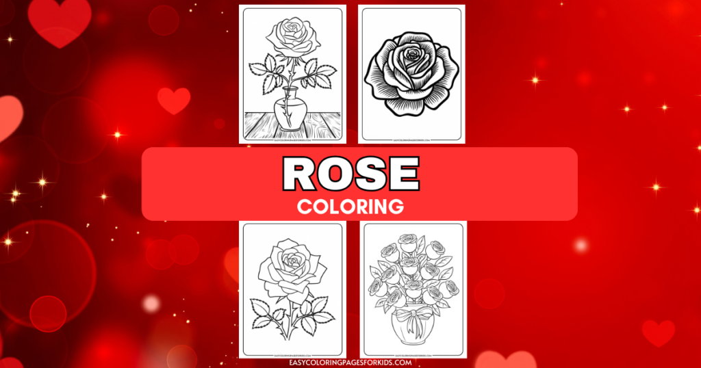 Coloring page featuring four rose illustrations, perfect for kids. Includes a single rose in a vase, a detailed rose bloom, a rose with leaves, and a bouquet of roses. Ideal for creative activities and enhancing fine motor skills.