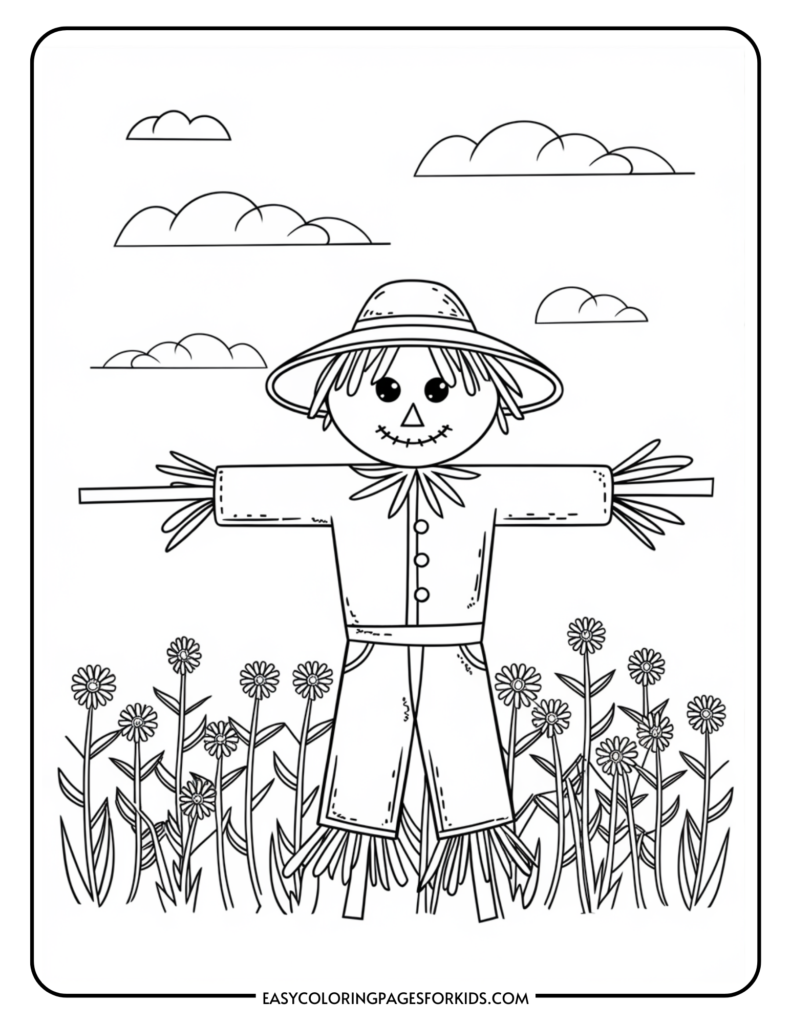 Black and white coloring page featuring a cheerful scarecrow standing in a field of flowers under a cloudy sky, ideal for children's art activities.