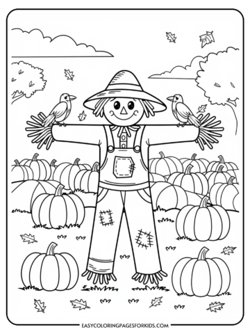 Black and white coloring page featuring a cheerful scarecrow with outstretched arms standing among pumpkins and autumn leaves, accompanied by two small birds. Ideal for kids' fall-themed coloring activities.