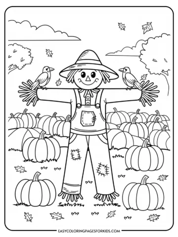 Black and white coloring page featuring a cheerful scarecrow with outstretched arms standing among pumpkins and autumn leaves, accompanied by two small birds. Ideal for kids' fall-themed coloring activities.