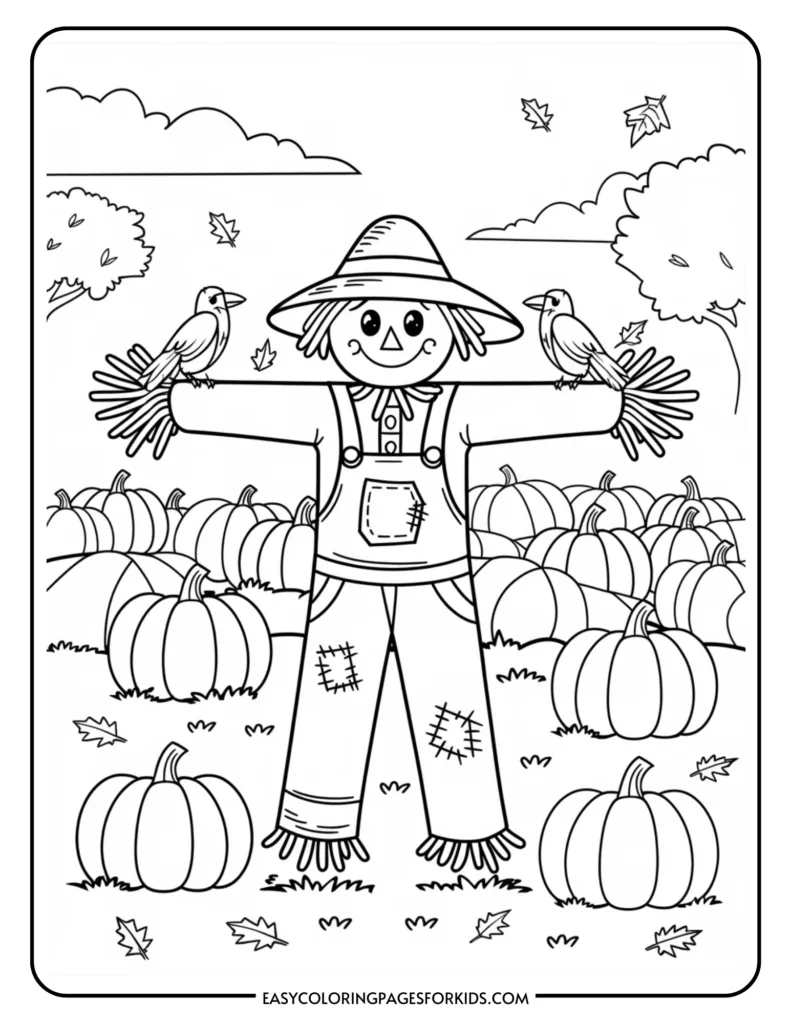 Black and white coloring page featuring a cheerful scarecrow with outstretched arms standing among pumpkins and autumn leaves, accompanied by two small birds. Ideal for kids' fall-themed coloring activities.