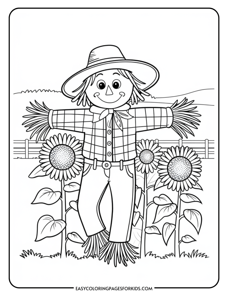 Coloring page featuring a cheerful scarecrow standing among sunflowers, designed for kids' artistic activities. Ideal for educational and creative purposes.