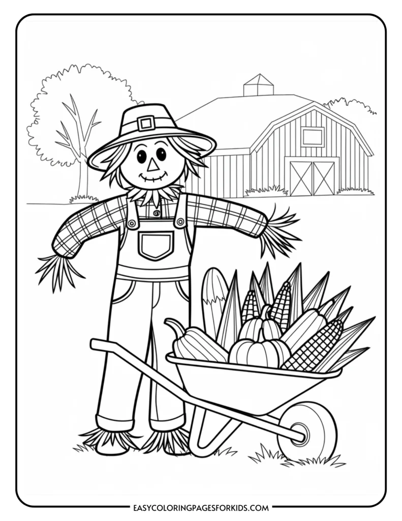 Black and white coloring page featuring a cheerful scarecrow in overalls holding a wheelbarrow filled with colorful vegetables, set against a rustic barn and farm landscape. Ideal for kids' art and educational activities.