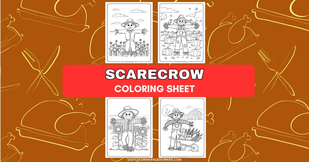 Scarecrow coloring sheet featuring four unique designs, ideal for children's art activities. Each illustration showcases a cheerful scarecrow among flowers, pumpkins, and a farm setting, promoting creativity and seasonal fun. Perfect for educational and recreational use.