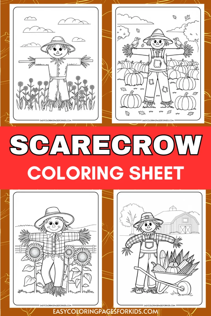 Coloring sheet featuring four scarecrow designs, perfect for kids. Each illustration showcases a cheerful scarecrow in different settings, surrounded by pumpkins, sunflowers, and farm elements. Ideal for autumn-themed activities and creative expression.