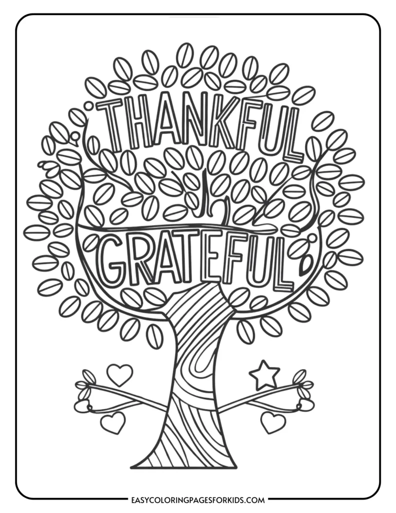 Coloring page featuring a tree with the words "Thankful" and "Grateful" prominently displayed among its leaves, designed for children to express gratitude and creativity.