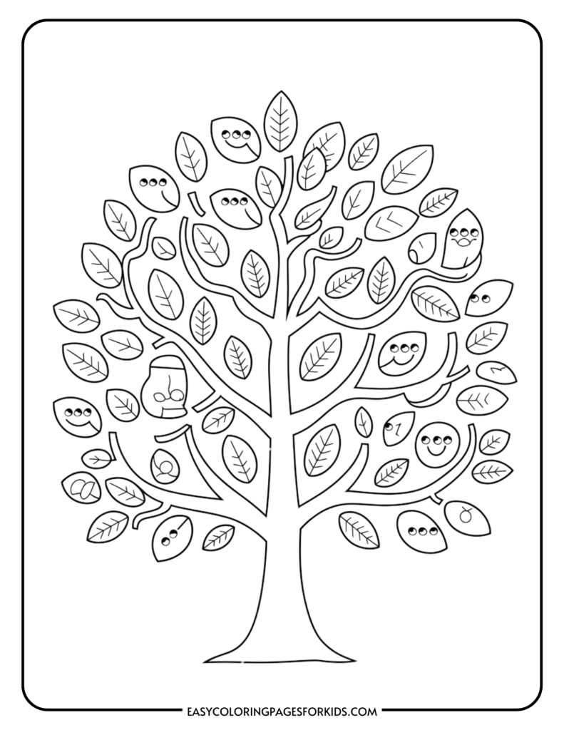 Coloring page of a whimsical tree with smiling faces on leaves and branches, designed for children's creativity and fun. Ideal for kids' art activities and educational purposes.