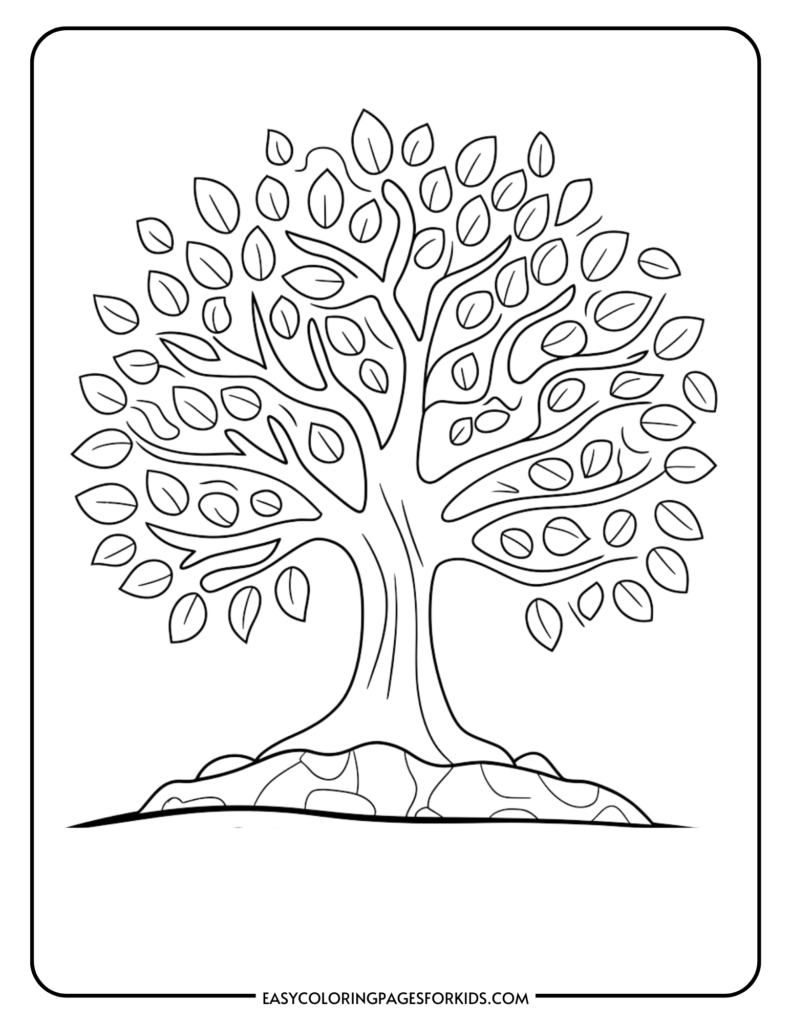 Black and white coloring page featuring a detailed tree with a thick trunk and abundant leaves, ideal for kids' art activities.