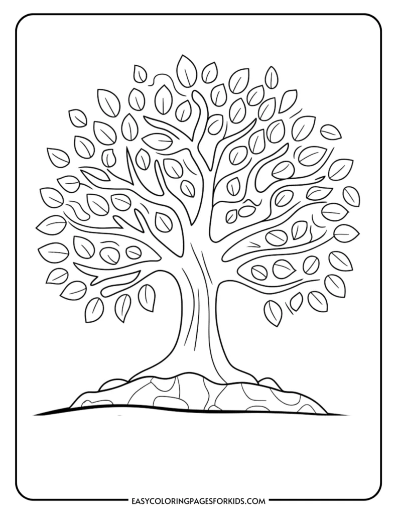 Black and white coloring page featuring a detailed tree with a thick trunk and abundant leaves, ideal for kids' art activities.