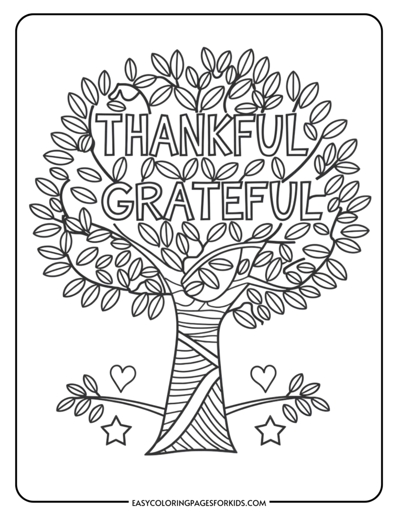 Black and white coloring page featuring a tree with the words "Thankful" and "Grateful" prominently displayed among its leaves, along with decorative hearts and stars. Ideal for kids’ art activities and promoting gratitude themes.