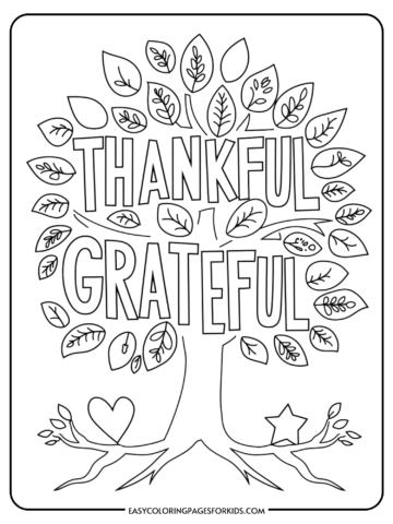 Coloring page featuring a tree with the words 