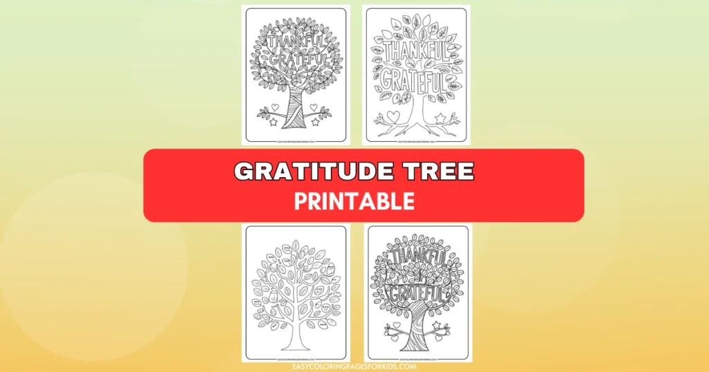 Printable gratitude tree coloring pages featuring illustrations with the words "Thankful" and "Grateful," designed for kids to express appreciation and creativity. Ideal for educational and family activities.