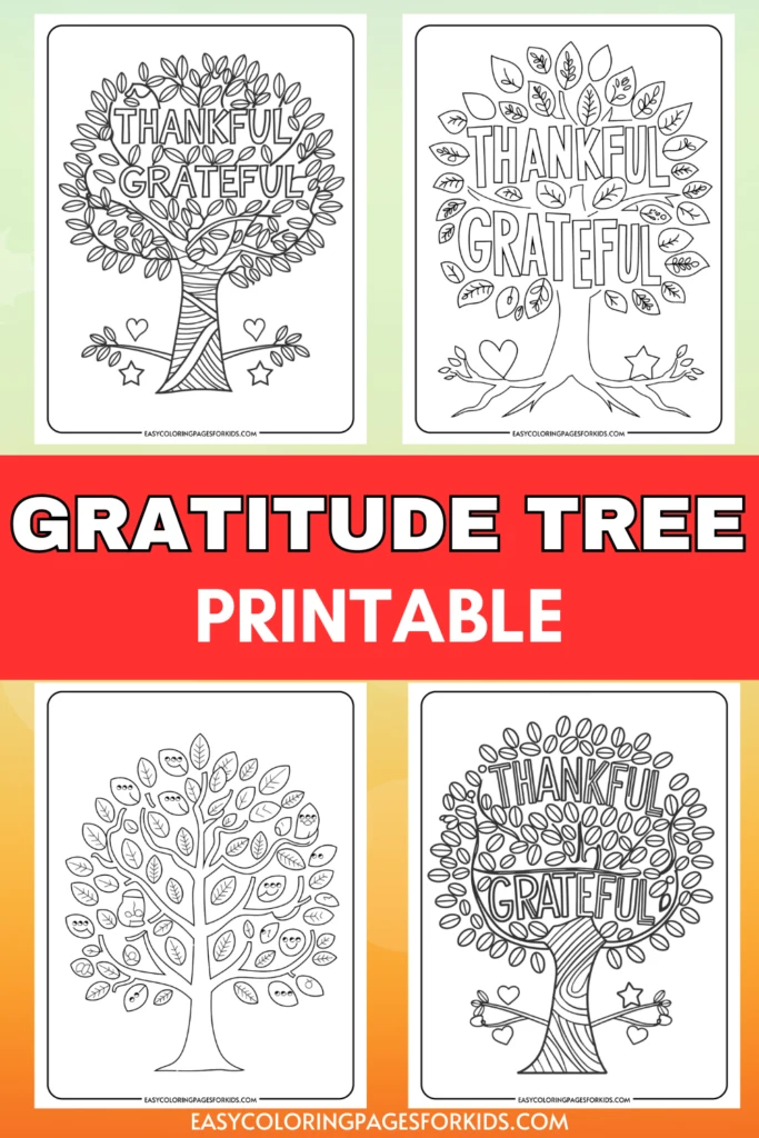 Four illustrated gratitude tree printables featuring intricate designs for coloring, ideal for promoting mindfulness and appreciation activities.