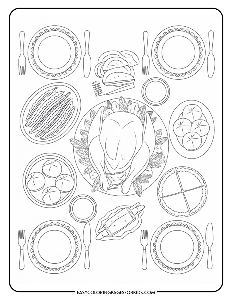 Thanksgiving dinner table setting illustration featuring a turkey centerpiece surrounded by various dishes, including vegetables, rolls, and desserts, with plates and utensils arranged neatly.