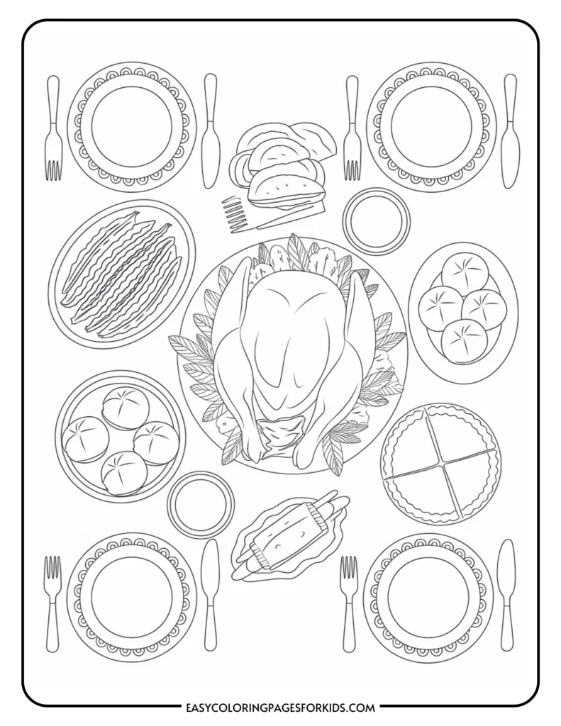 Thanksgiving dinner table setting illustration featuring a turkey centerpiece surrounded by various dishes, including vegetables, rolls, and desserts, with plates and utensils arranged neatly.