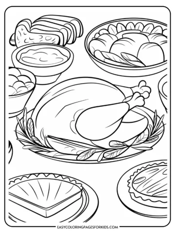 A black and white coloring page featuring a variety of delicious foods, including a roasted chicken on a platter surrounded by side dishes like mashed potatoes, rolls, and desserts such as pie and cake. Ideal for kids' coloring activities.