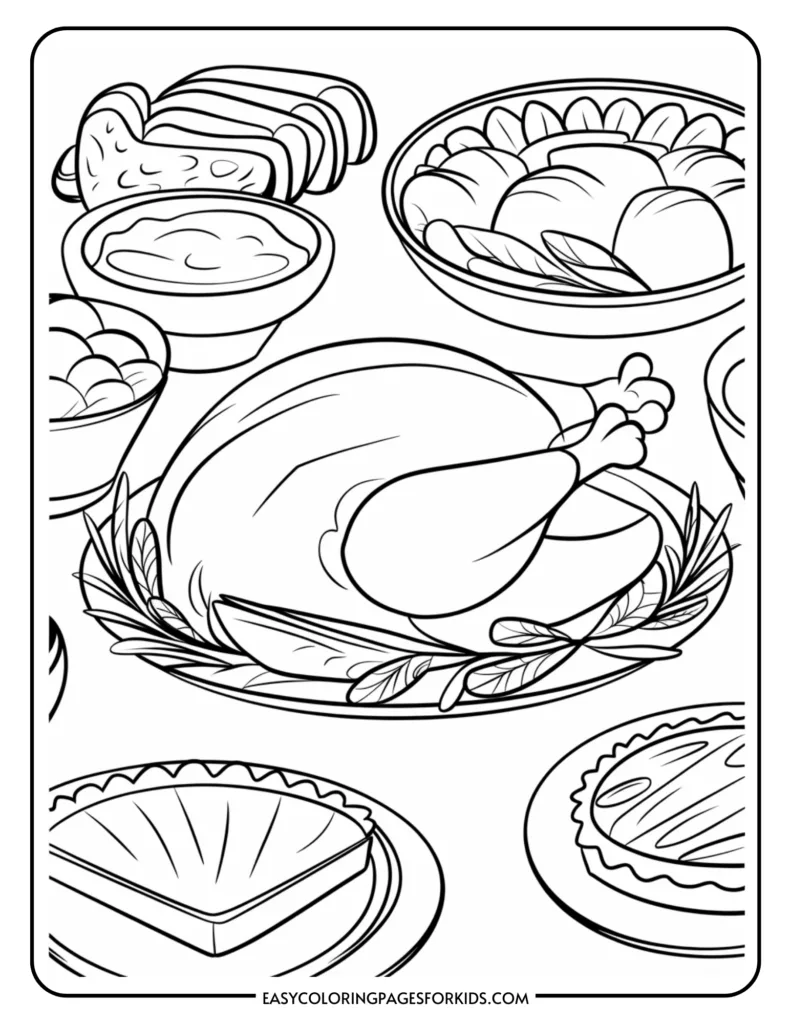 A black and white coloring page featuring a variety of delicious foods, including a roasted chicken on a platter surrounded by side dishes like mashed potatoes, rolls, and desserts such as pie and cake. Ideal for kids' coloring activities.