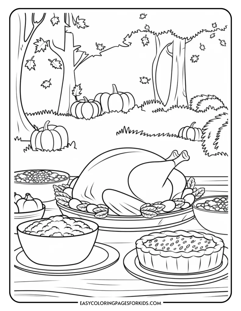 Thanksgiving-themed coloring page featuring a festive table set with a roasted turkey, various side dishes like mashed potatoes and cranberry sauce, and a pumpkin pie, surrounded by autumn leaves and pumpkins in a forest setting. Ideal for kids to color and celebrate the holiday.