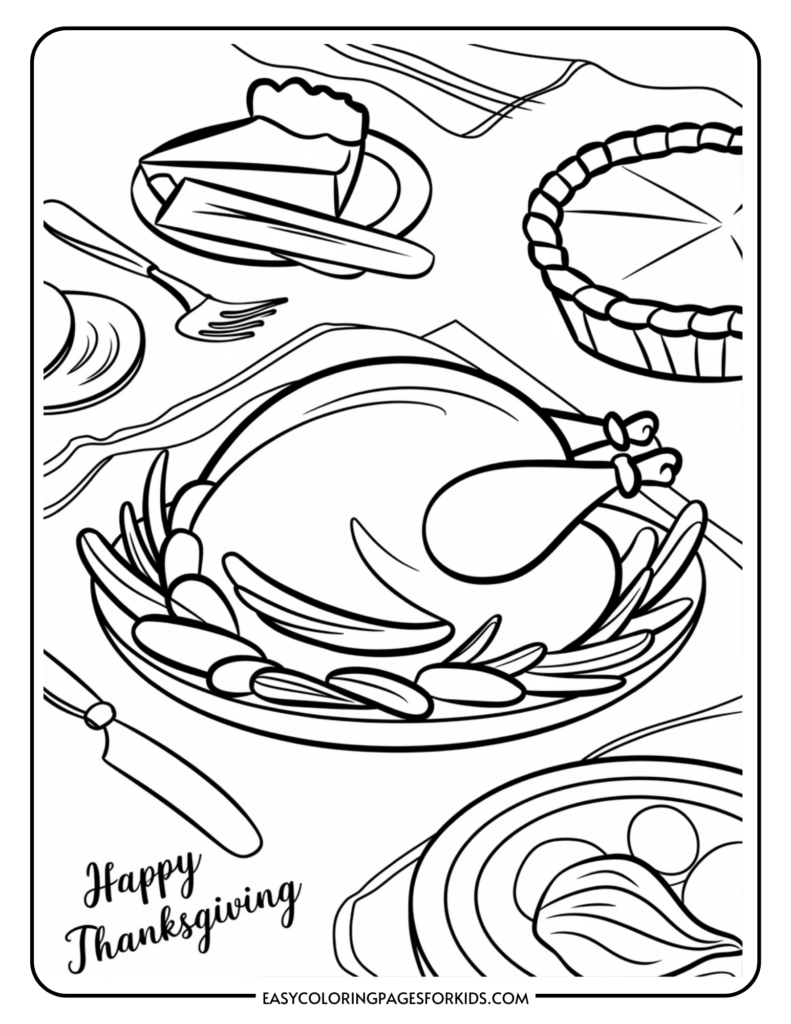 Thanksgiving coloring page featuring a roasted turkey on a platter surrounded by vegetables, a slice of pie, and festive tableware. Ideal for holiday-themed activities and children's art projects.