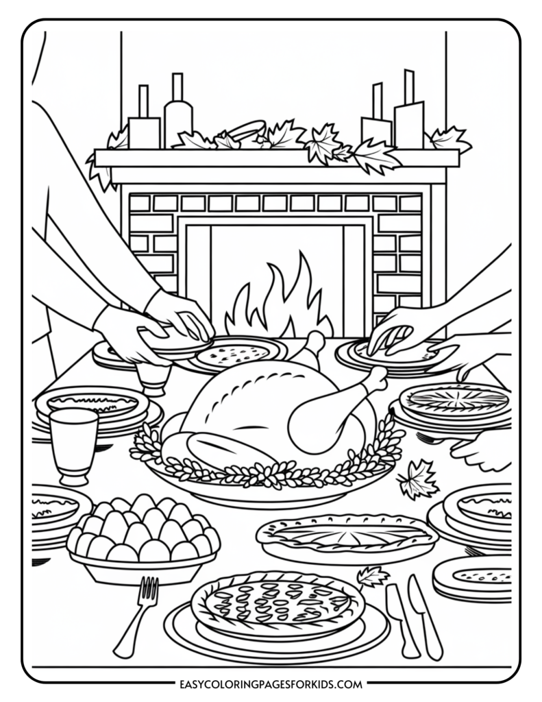 Thanksgiving dinner scene featuring hands serving food at a festive table with a roasted turkey, various side dishes, and a cozy fireplace in the background. Ideal for coloring activities related to family gatherings and holiday celebrations.