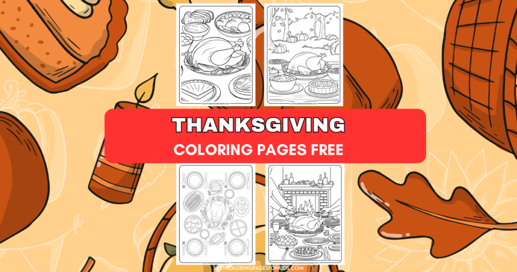 Thanksgiving-themed coloring pages featuring illustrations of traditional holiday foods such as turkey, pies, and festive decorations. Ideal for kids and families looking for free printable activities to celebrate Thanksgiving.