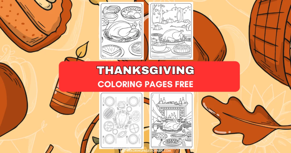 Thanksgiving-themed coloring pages featuring illustrations of traditional holiday foods such as turkey, pies, and festive decorations. Ideal for kids and families looking for free printable activities to celebrate Thanksgiving.