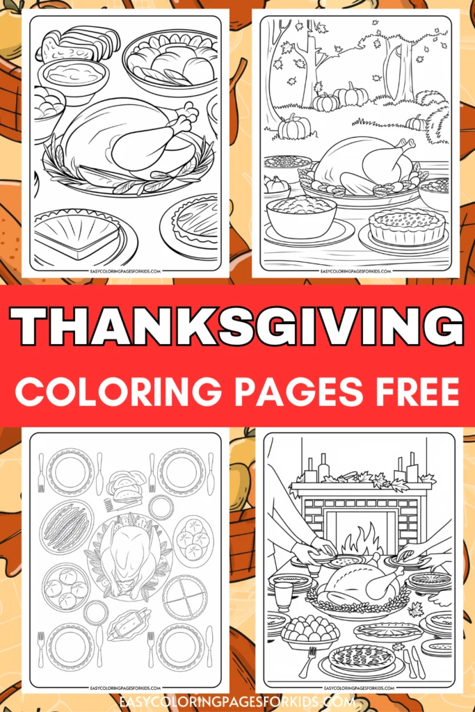 Thanksgiving coloring pages featuring festive images of a turkey, dining table, and holiday decorations, designed for kids and families to enjoy for free.