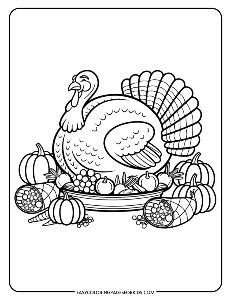 Thanksgiving-themed coloring page featuring a turkey surrounded by pumpkins, corn, and assorted vegetables. Ideal for seasonal art activities and family gatherings.