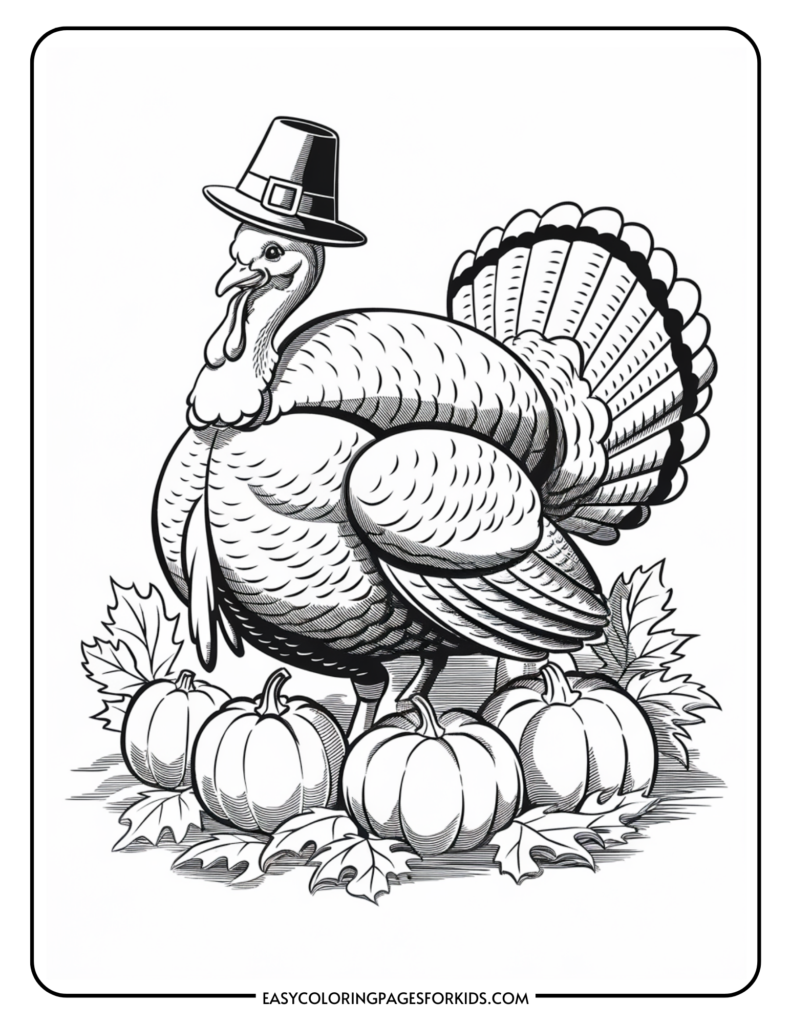 Thanksgiving-themed coloring page featuring a turkey wearing a pilgrim hat, surrounded by pumpkins and autumn leaves, ideal for kids' art activities.