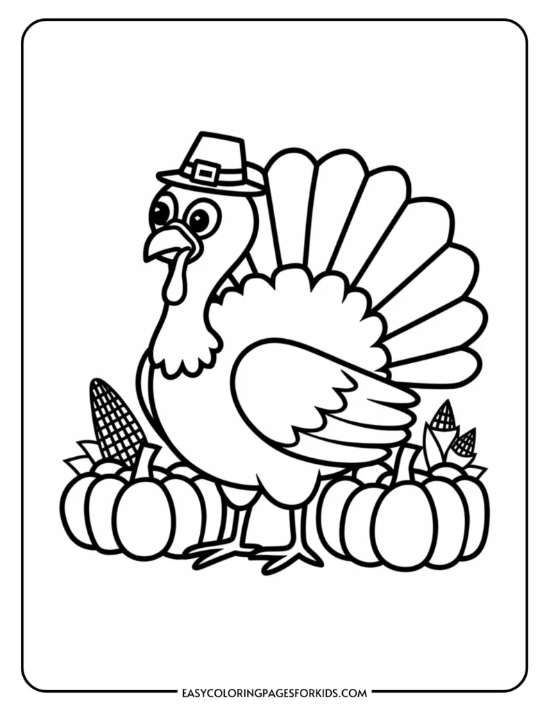 Coloring page featuring a cartoon turkey wearing a pilgrim hat, surrounded by pumpkins and corn, ideal for Thanksgiving-themed activities for kids.